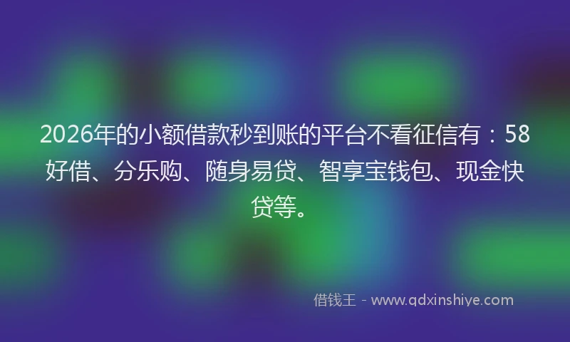 2026年的小额借款秒到账的平台不看征信有：58好借、分乐购、随身易贷、智享宝钱包、现金快贷等。