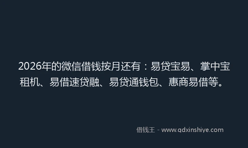 2026年的微信借钱按月还有：易贷宝易、掌中宝租机、易借速贷融、易贷通钱包、惠商易借等。