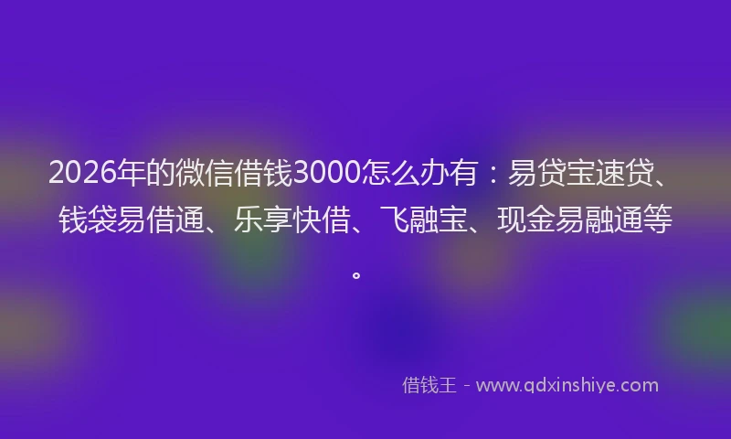 2026年的微信借钱3000怎么办有：易贷宝速贷、钱袋易借通、乐享快借、飞融宝、现金易融通等。