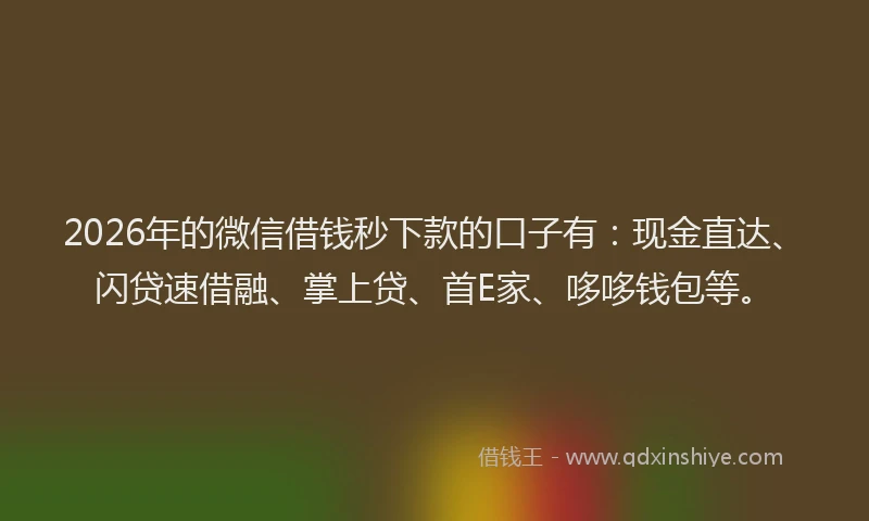 2026年的微信借钱秒下款的口子有：现金直达、闪贷速借融、掌上贷、首E家、哆哆钱包等。