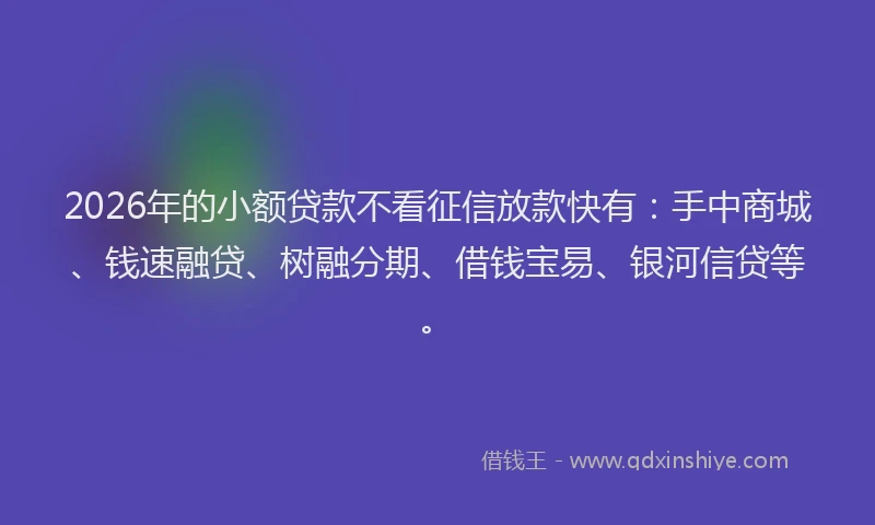 2026年的小额贷款不看征信放款快有：手中商城、钱速融贷、树融分期、借钱宝易、银河信贷等。