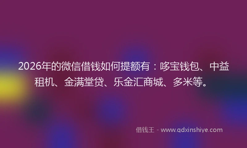 2026年的微信借钱如何提额有:哆宝钱包、中益租机、金满堂贷、乐金汇商城、多米等。