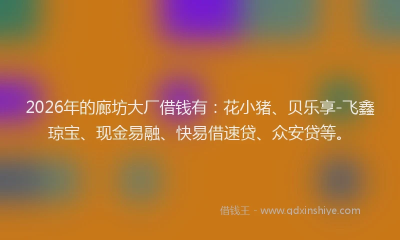 2026年的廊坊大厂借钱有：花小猪、贝乐享-飞鑫琼宝、现金易融、快易借速贷、众安贷等。