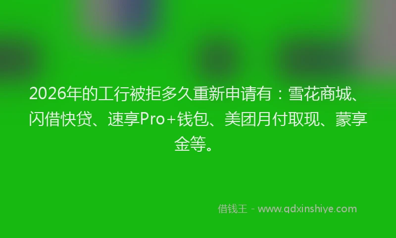 2026年的工行被拒多久重新申请有：雪花商城、闪借快贷、速享Pro+钱包、美团月付取现、蒙享金等。