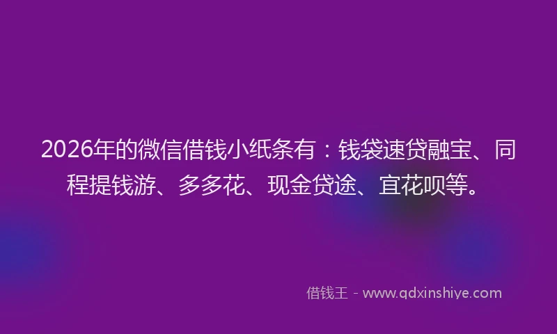 2026年的微信借钱小纸条有：钱袋速贷融宝、同程提钱游、多多花、现金贷途、宜花呗等。