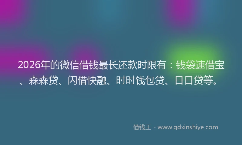 2026年的微信借钱最长还款时限有：钱袋速借宝、森森贷、闪借快融、时时钱包贷、日日贷等。