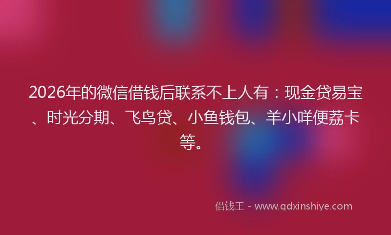 2026年的微信借钱后联系不上人有：现金贷易宝、时光分期、飞鸟贷、小鱼钱包、羊小咩便荔卡等。