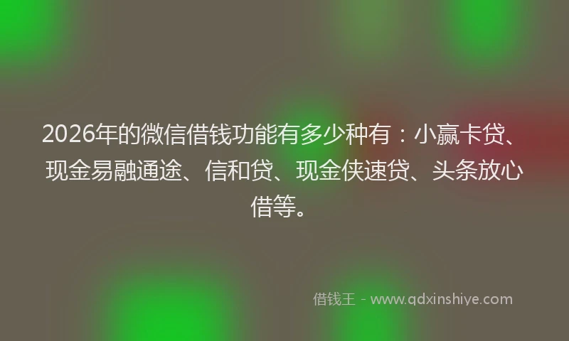 2026年的微信借钱功能有多少种有：小赢卡贷、现金易融通途、信和贷、现金侠速贷、头条放心借等。