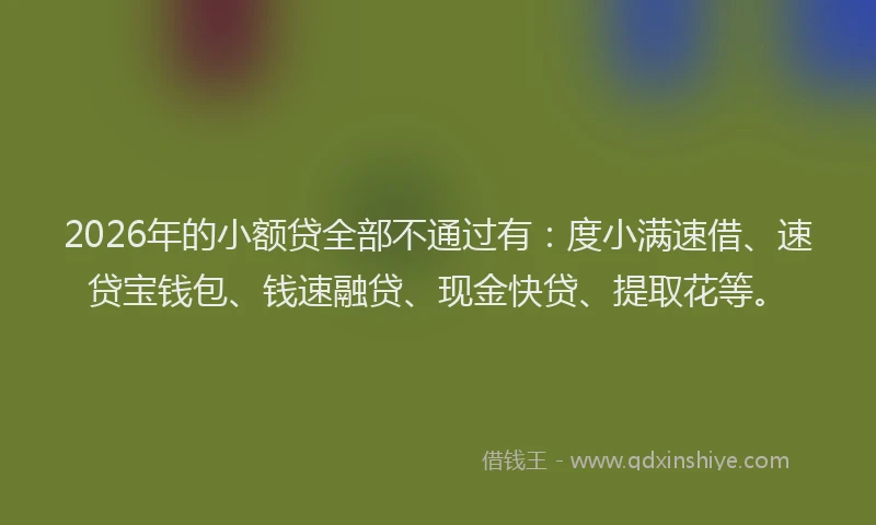 2026年的小额贷全部不通过有：度小满速借、速贷宝钱包、钱速融贷、现金快贷、提取花等。