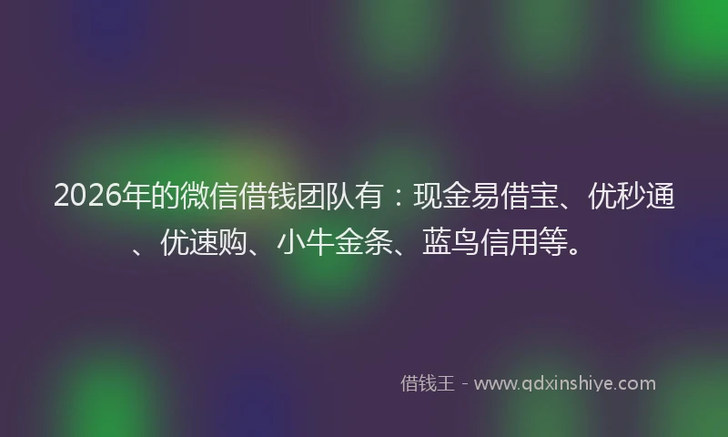 2026年的微信借钱团队有：现金易借宝、优秒通、优速购、小牛金条、蓝鸟信用等。