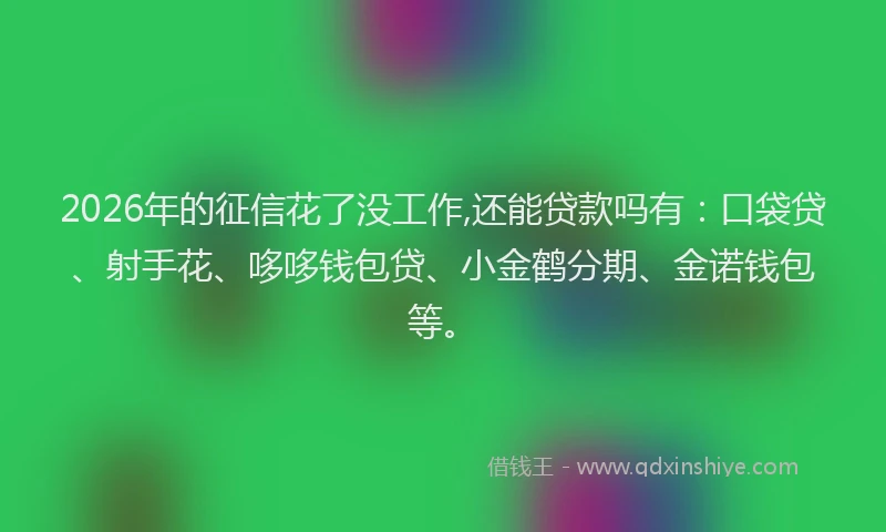 2026年的征信花了没工作,还能贷款吗有：口袋贷、射手花、哆哆钱包贷、小金鹤分期、金诺钱包等。