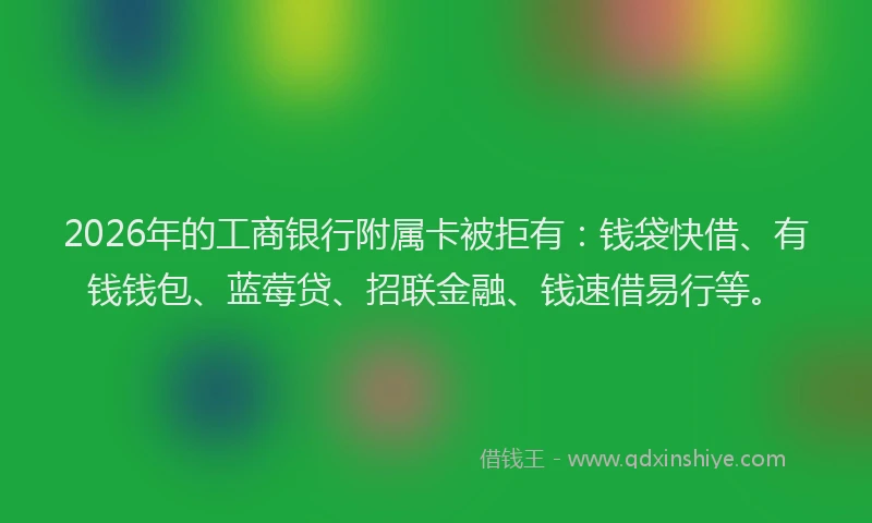 2026年的工商银行附属卡被拒有：钱袋快借、有钱钱包、蓝莓贷、招联金融、钱速借易行等。