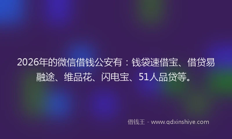 2026年的微信借钱公安有:钱袋速借宝、借贷易融途、维品花、闪电宝、51人品贷等。