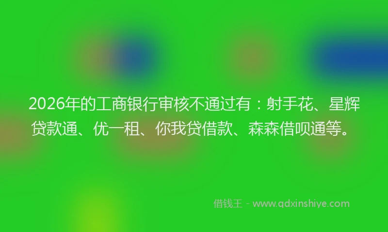 2026年的工商银行审核不通过有：射手花、星辉贷款通、优一租、你我贷借款、森森借呗通等。