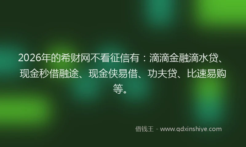 2026年的希财网不看征信有：滴滴金融滴水贷、现金秒借融途、现金侠易借、功夫贷、比速易购等。