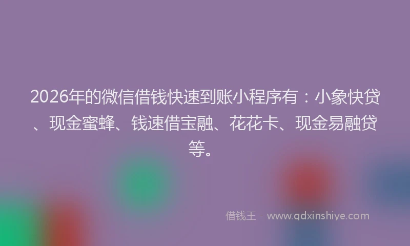 2026年的微信借钱快速到账小程序有：小象快贷、现金蜜蜂、钱速借宝融、花花卡、现金易融贷等。