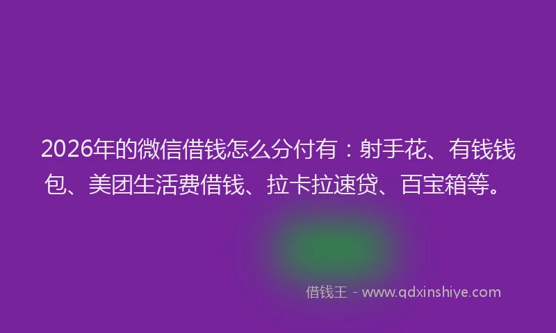 2026年的微信借钱怎么分付有：射手花、有钱钱包、美团生活费借钱、拉卡拉速贷、百宝箱等。