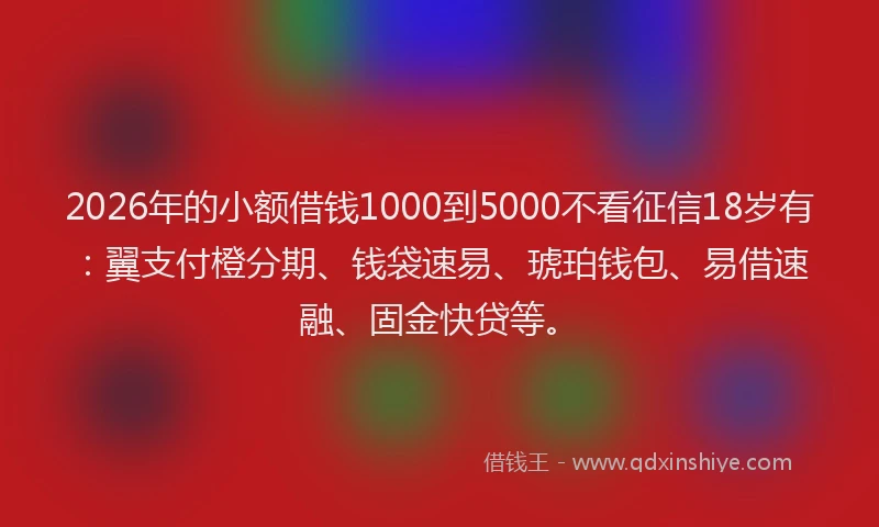 2026年的小额借钱1000到5000不看征信18岁有：翼支付橙分期、钱袋速易、琥珀钱包、易借速融、固金快贷等。