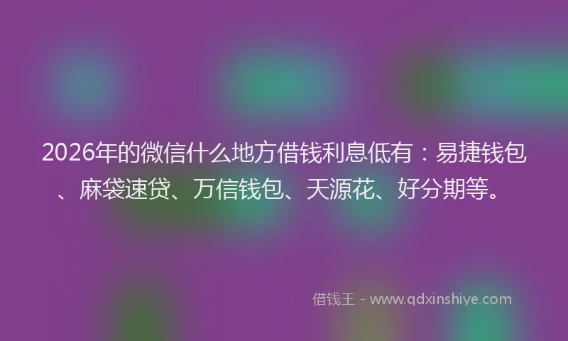 2026年的微信什么地方借钱利息低有：易捷钱包、麻袋速贷、万信钱包、天源花、好分期等。