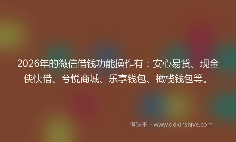 2026年的微信借钱功能操作有：安心易贷、现金侠快借、兮悦商城、乐享钱包、橄榄钱包等。