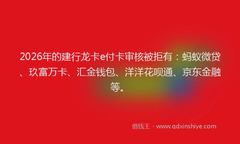 2026年的建行龙卡e付卡审核被拒有：蚂蚁微贷、玖富万卡、汇金钱包、洋洋花呗通、京东金融等。