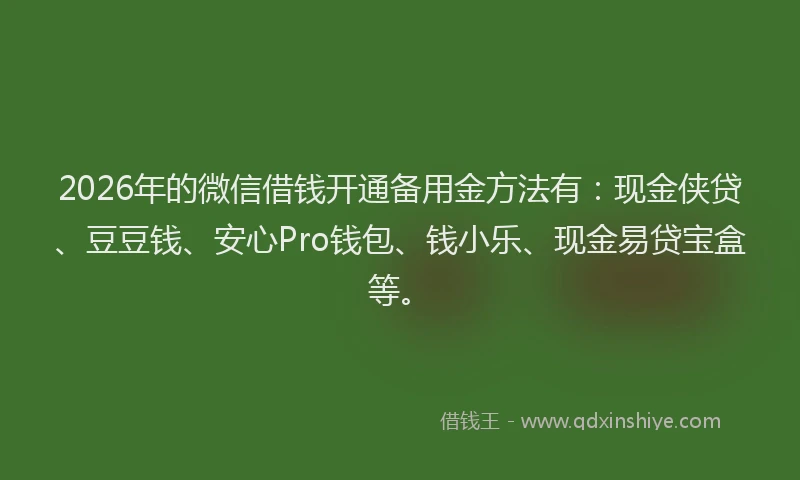 2026年的微信借钱开通备用金方法有：现金侠贷、豆豆钱、安心Pro钱包、钱小乐、现金易贷宝盒等。
