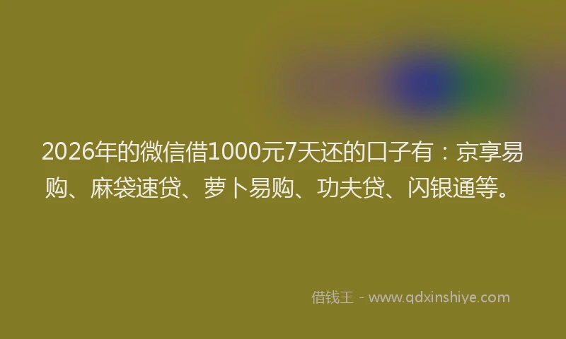 2026年的微信借1000元7天还的口子有：京享易购、麻袋速贷、萝卜易购、功夫贷、闪银通等。