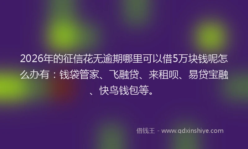 2026年的征信花无逾期哪里可以借5万块钱呢怎么办有：钱袋管家、飞融贷、来租呗、易贷宝融、快鸟钱包等。