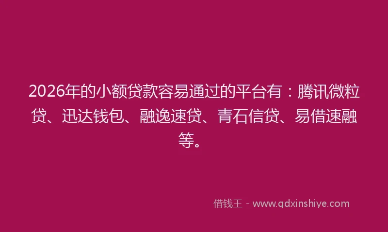 2026年的小额贷款容易通过的平台有：腾讯微粒贷、迅达钱包、融逸速贷、青石信贷、易借速融等。