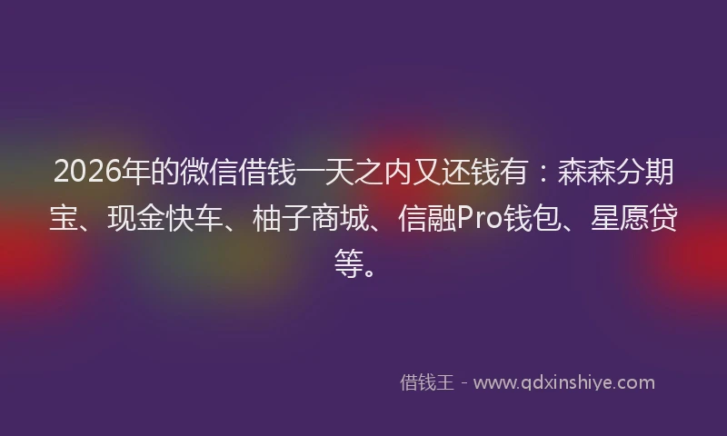 2026年的微信借钱一天之内又还钱有：森森分期宝、现金快车、柚子商城、信融Pro钱包、星愿贷等。