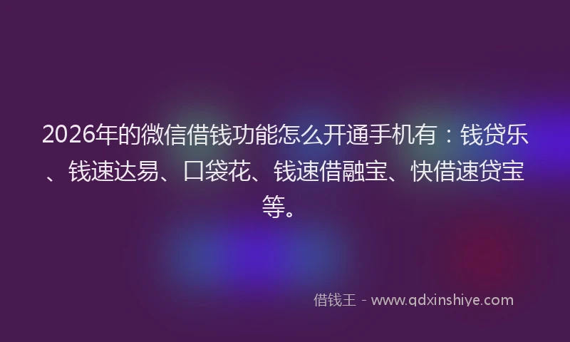 2026年的微信借钱功能怎么开通手机有：钱贷乐、钱速达易、口袋花、钱速借融宝、快借速贷宝等。