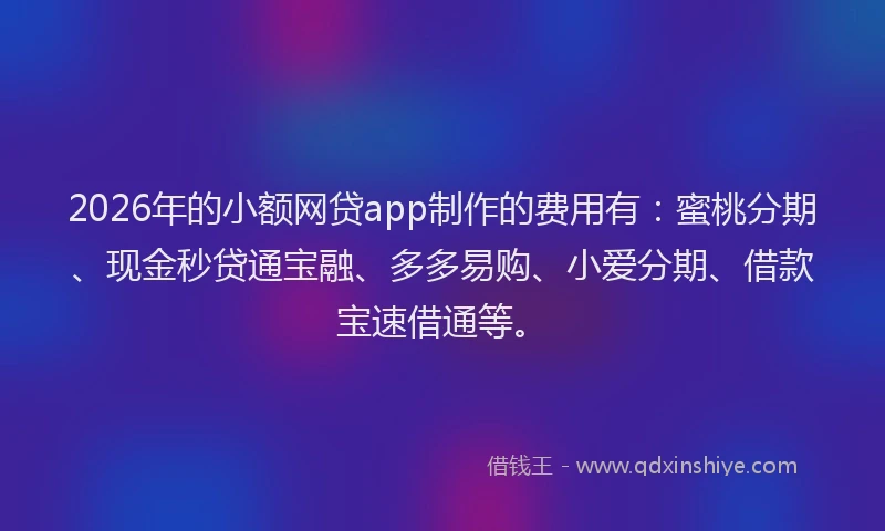 2026年的小额网贷app制作的费用有：蜜桃分期、现金秒贷通宝融、多多易购、小爱分期、借款宝速借通等。