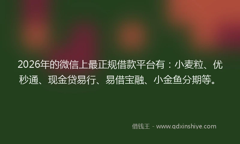 2026年的微信上最正规借款平台有:小麦粒、优秒通、现金贷易行、易借宝融、小金鱼分期等。