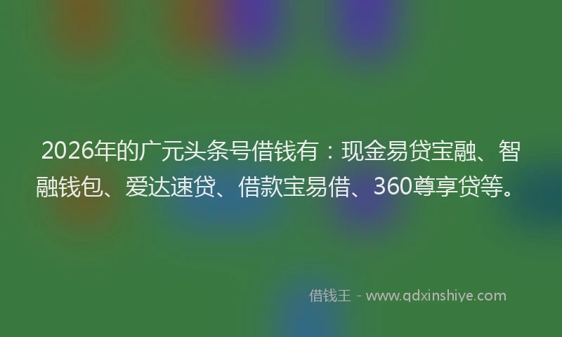2026年的广元头条号借钱有：现金易贷宝融、智融钱包、爱达速贷、借款宝易借、360尊享贷等。