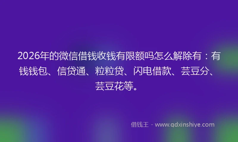 2026年的微信借钱收钱有限额吗怎么解除有：有钱钱包、信贷通、粒粒贷、闪电借款、芸豆分、芸豆花等。