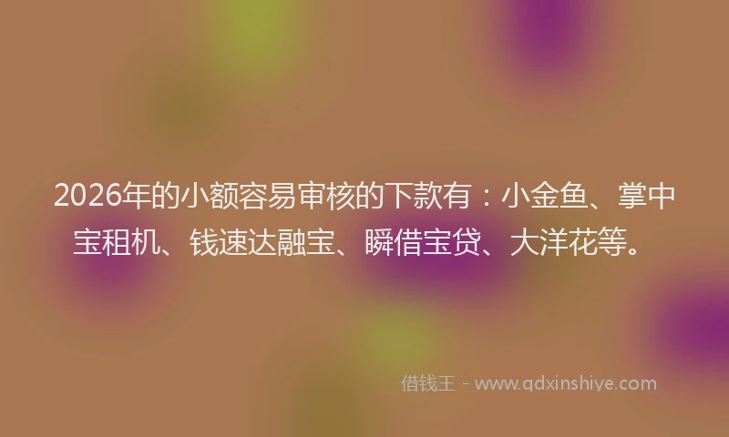 2026年的小额容易审核的下款有：小金鱼、掌中宝租机、钱速达融宝、瞬借宝贷、大洋花等。