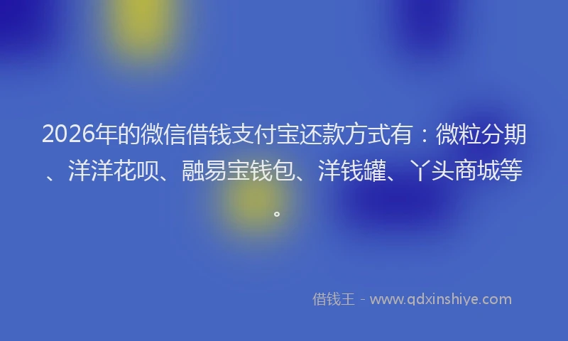 2026年的微信借钱支付宝还款方式有：微粒分期、洋洋花呗、融易宝钱包、洋钱罐、丫头商城等。