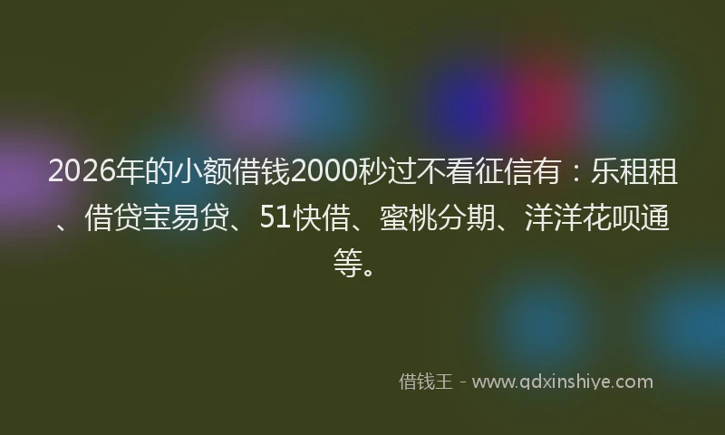 2026年的小额借钱2000秒过不看征信有：乐租租、借贷宝易贷、51快借、蜜桃分期、洋洋花呗通等。