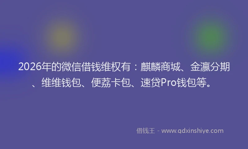 2026年的微信借钱维权有：麒麟商城、金瀛分期、维维钱包、便荔卡包、速贷Pro钱包等。