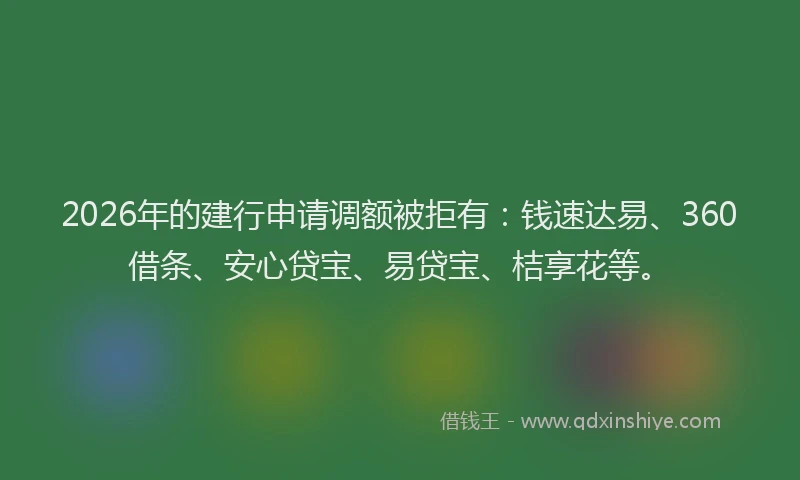 2026年的建行申请调额被拒有：钱速达易、360借条、安心贷宝、易贷宝、桔享花等。