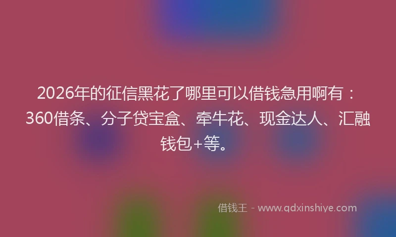 2026年的征信黑花了哪里可以借钱急用啊有:360借条、分子贷宝盒、牵牛花、现金达人、汇融钱包+等。