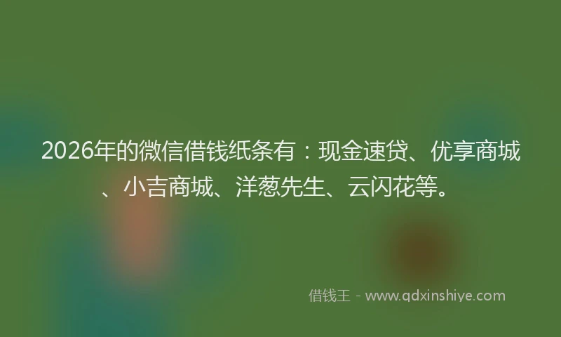 2026年的微信借钱纸条有：现金速贷、优享商城、小吉商城、洋葱先生、云闪花等。