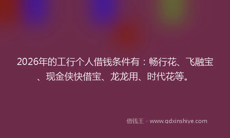 2026年的工行个人借钱条件有：畅行花、飞融宝、现金侠快借宝、龙龙用、时代花等。