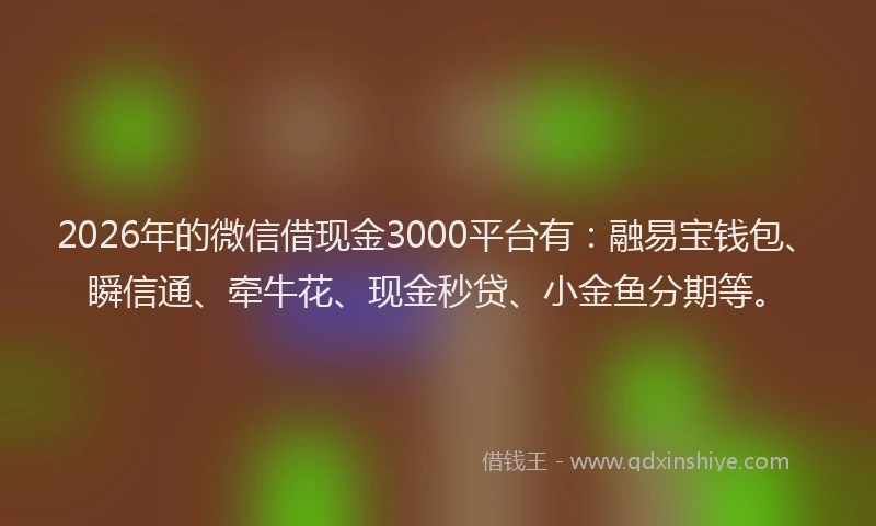 2026年的微信借现金3000平台有：融易宝钱包、瞬信通、牵牛花、现金秒贷、小金鱼分期等。