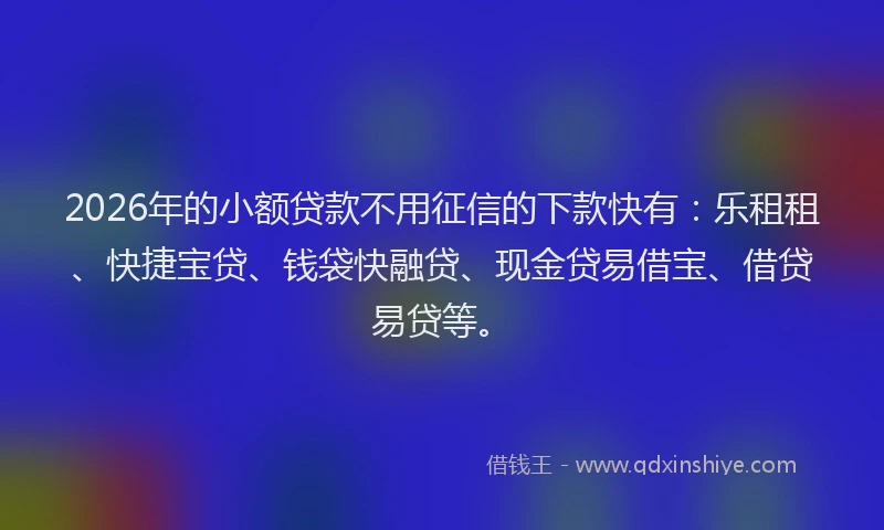 2026年的小额贷款不用征信的下款快有：乐租租、快捷宝贷、钱袋快融贷、现金贷易借宝、借贷易贷等。