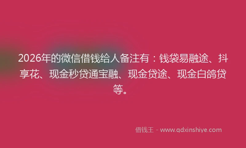 2026年的微信借钱给人备注有：钱袋易融途、抖享花、现金秒贷通宝融、现金贷途、现金白鸽贷等。