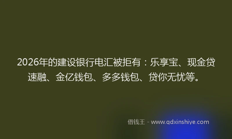 2026年的建设银行电汇被拒有：乐享宝、现金贷速融、金亿钱包、多多钱包、贷你无忧等。