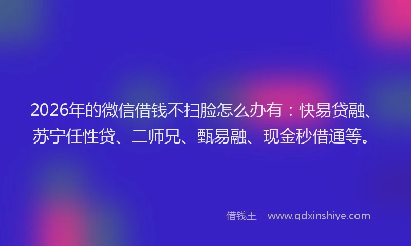 2026年的微信借钱不扫脸怎么办有：快易贷融、苏宁任性贷、二师兄、甄易融、现金秒借通等。