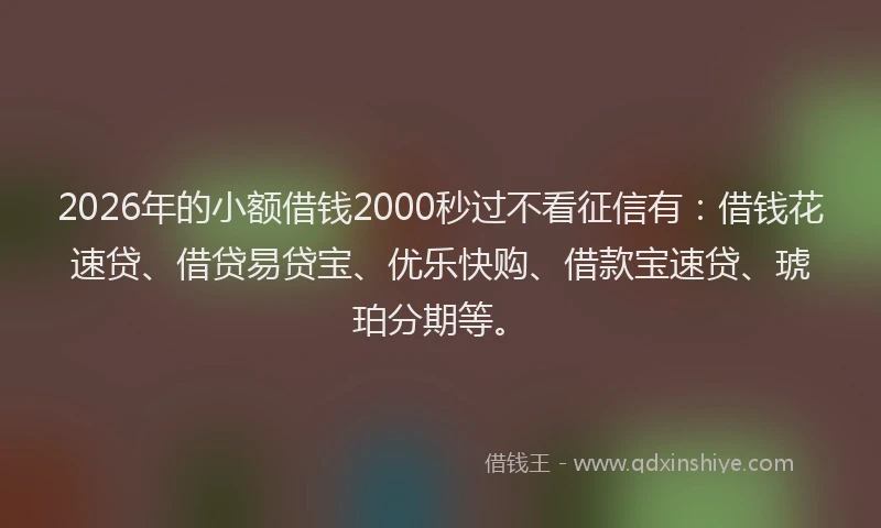 2026年的小额借钱2000秒过不看征信有：借钱花速贷、借贷易贷宝、优乐快购、借款宝速贷、琥珀分期等。