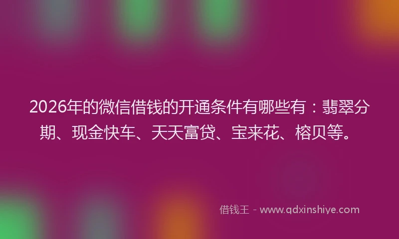 2026年的微信借钱的开通条件有哪些有：翡翠分期、现金快车、天天富贷、宝来花、榕贝等。
